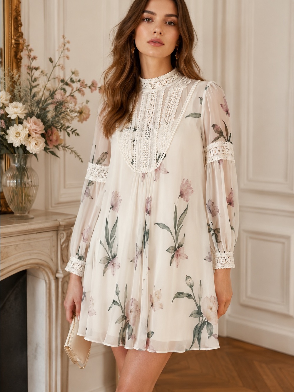 Ted Baker Leyora Floral Crochet Lace Long Sleeve Mini Dress Size 1